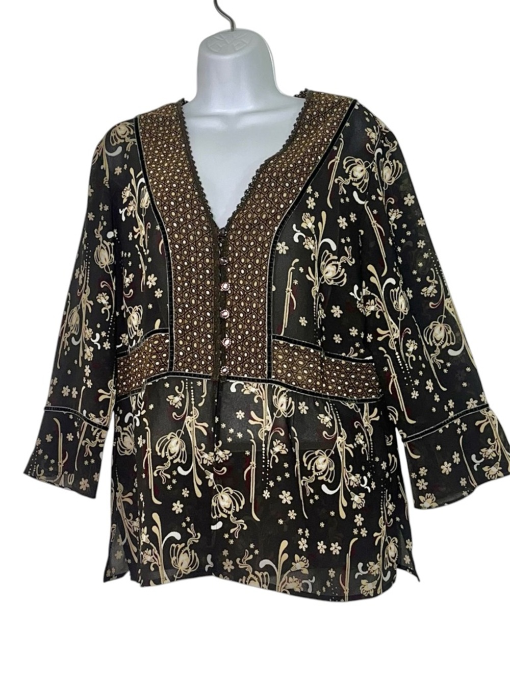 Y2K Brown Boho Chic Floral Peasant Blouse